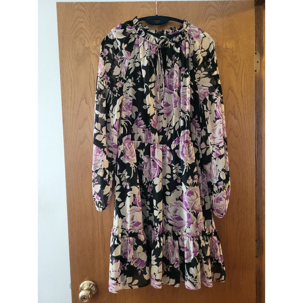 Ralph Lauren Floral Crinkle Georgette Tie Black Lavender Sparkle Dress EUC 8 - Picture 2 of 8